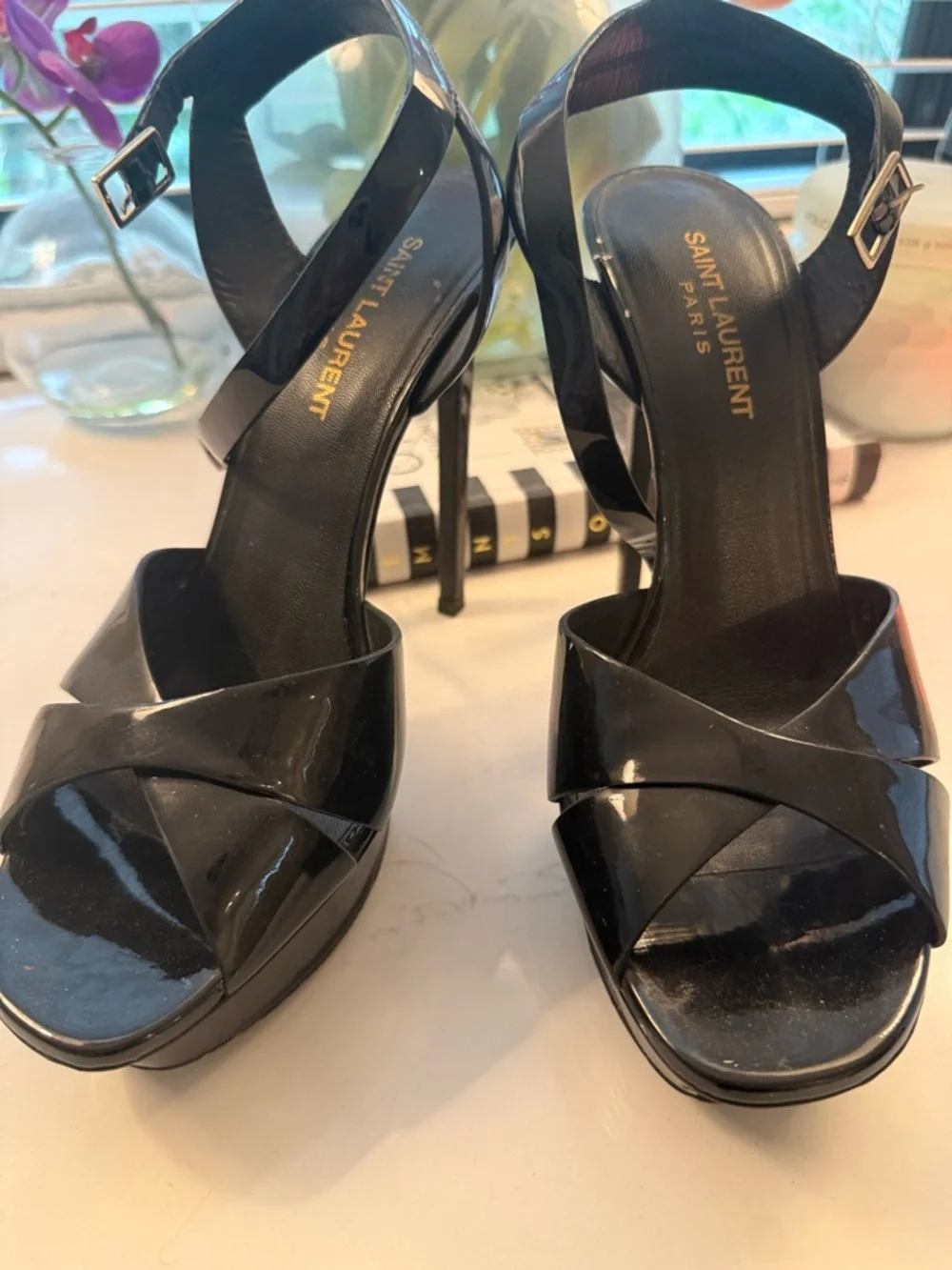 Saint Laurent Black Patent Platform Stiletto Sandals - Picture 2 of 3